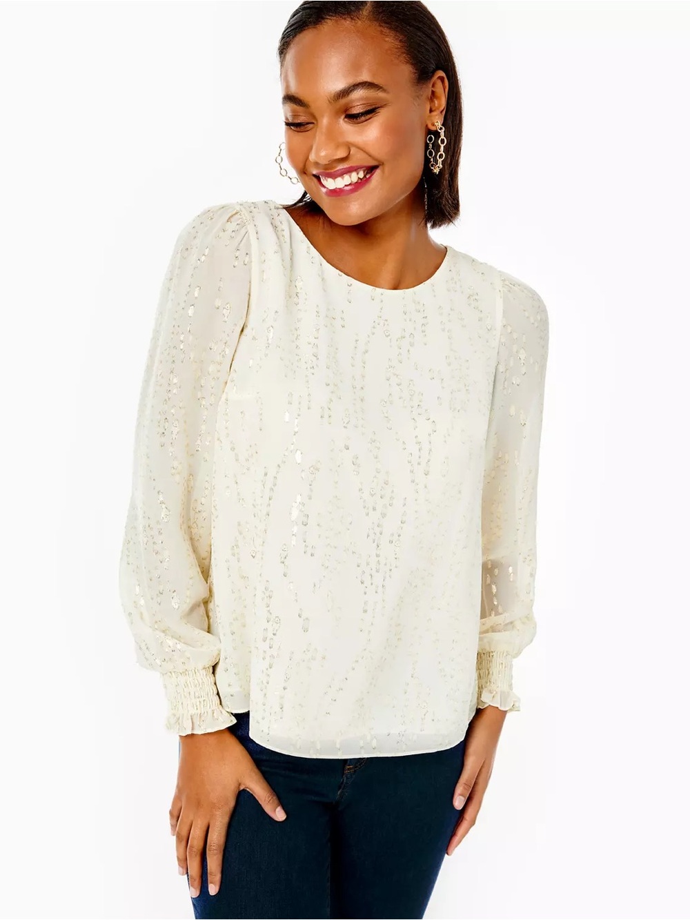 NWT Lilly Pulitzer Idina Long Sleeve Silk Top Women’s Large Coconut Metallic Dot